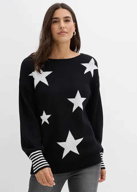 Jacquard-Pullover mit Sternendruck aus Baumwoll-Mix in schwarz von vorne (im Anschnitt) - bonprix