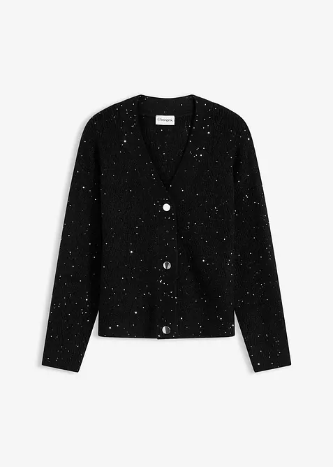Ajour-Strickjacke mit Knopfreihe in schwarz von vorne - bonprix