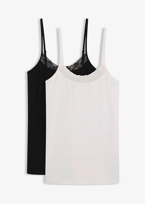 Unterhemd mit Bio-Baumwolle und Spitze (2er Pack) in schwarz von vorne - bonprix