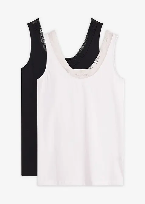 Unterhemd mit Bio-Baumwolle und Spitze (2er Pack) in schwarz von vorne - bonprix
