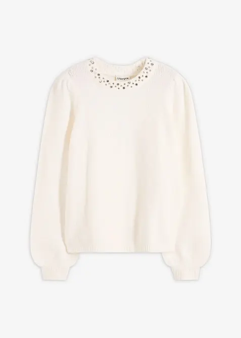Pullover mit Strass-Applikation in weiß von vorne - bonprix