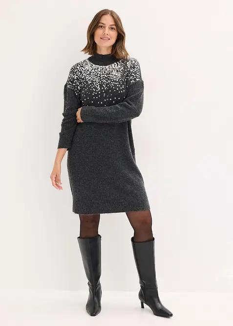 Strickkleid mit Pailletten-Applikation in grau von vorne (Totalaufnahme) - bonprix