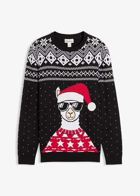 Weihnachtspullover aus weichem Baumwollmix in schwarz von vorne - bonprix