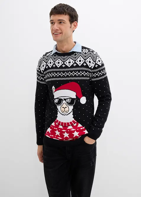 Weihnachtspullover aus weichem Baumwollmix in schwarz von vorne (im Anschnitt) - bonprix