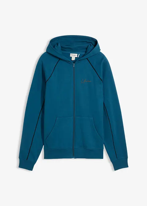 Sweatjacke mit Kontrastdetails aus reiner Baumwolle in petrol von vorne - bonprix