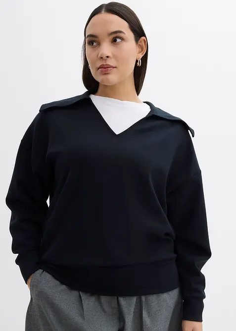 Scuba-Shirt mit breitem Kragen aus Viskose-Mix in schwarz von vorne (im Anschnitt) - bonprix