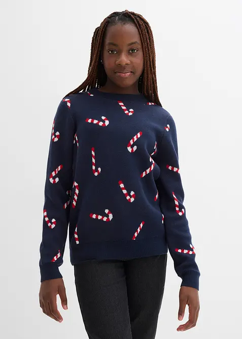 Feinstrickpullover mit Weihnachtsmotiv aus weichem Baumwollmix in blau von vorne (im Anschnitt) - bonprix