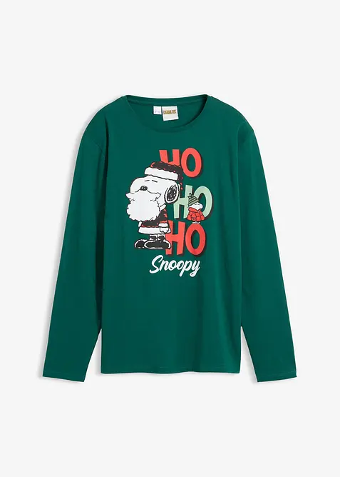 Langarmshirt Snoopy mit Weihnachtsmotiv aus reiner Baumwolle in grün von vorne - Peanuts