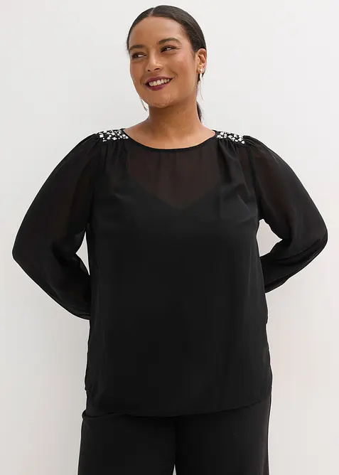 Chiffonbluse mit Strasssteinverzierung in schwarz von vorne (im Anschnitt) - bonprix
