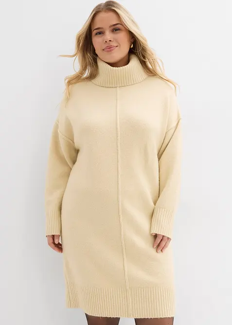 Strickkleid mit Ziernaht in beige von vorne (Totalaufnahme) - bonprix