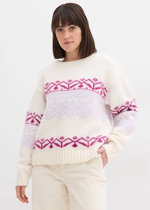 Norweger-Pullover aus dickem Material in weiß von vorne (im Anschnitt) - bonprix