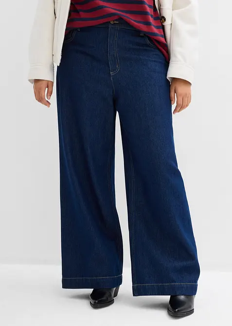 Wide-Leg-Jeans High Waist, Baumwolle in blau von vorne - bonprix