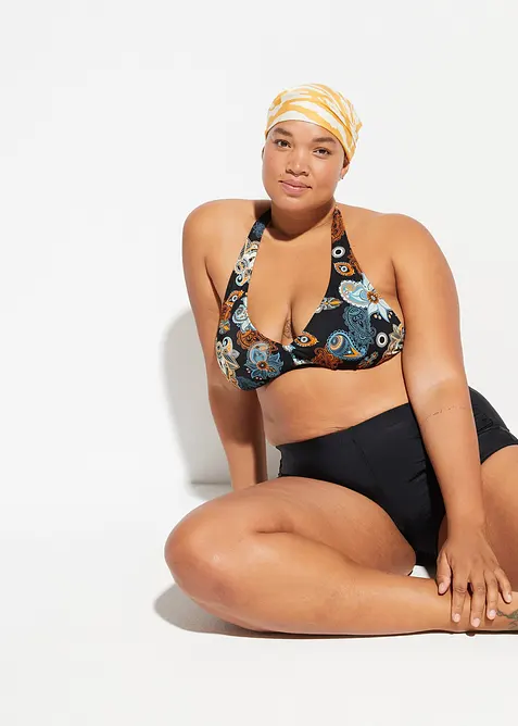 Neckholder-Bikinioberteil mit tiefem Ausschnitt in schwarz von vorne (im Anschnitt) - bonprix