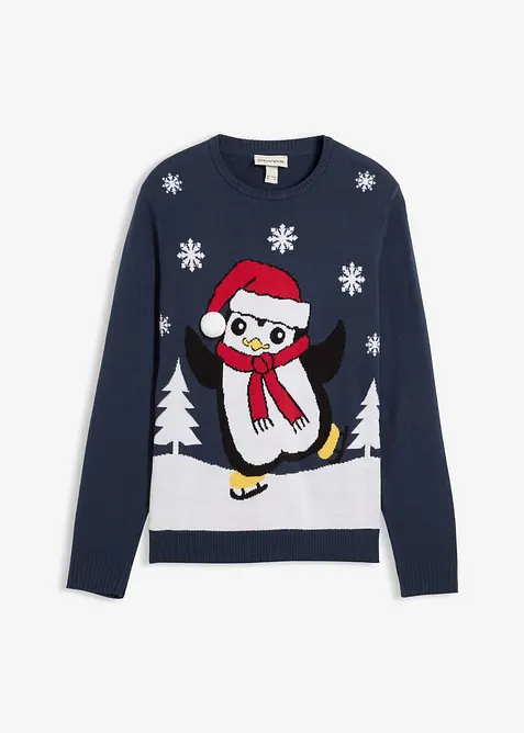 Pullover mit Weihnachtsmotiv in blau von vorne - bonprix
