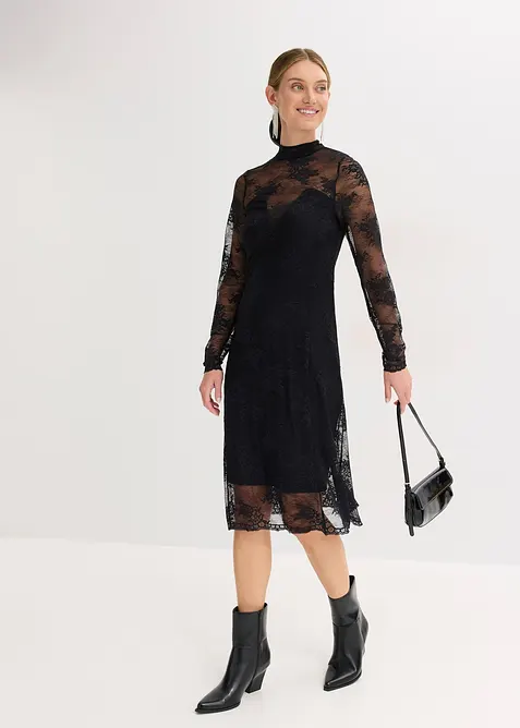Kleid mit floralen Spitze-Details in schwarz im Look von vorne (Totalaufnahme) - bonprix