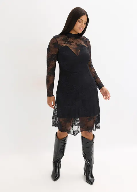 Kleid mit floralen Spitze-Details in schwarz von vorne (Totalaufnahme) - bonprix