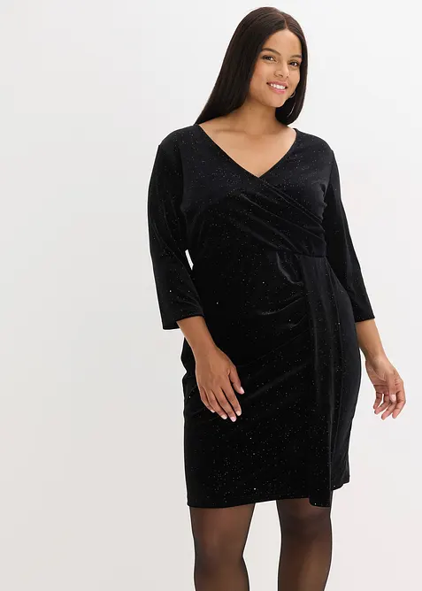 Kleid aus Glitzersamt in Wickeloptik in schwarz von vorne (Totalaufnahme) - bonprix