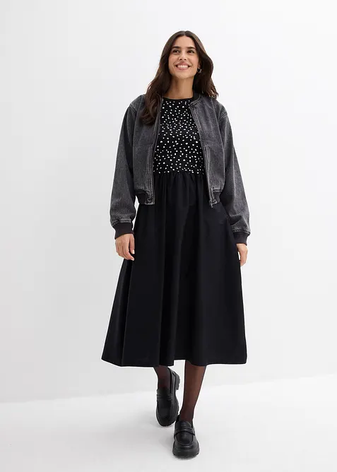 Kleid im Materialmix aus reiner Baumwolle in schwarz im Look von vorne (Totalaufnahme) - bonprix