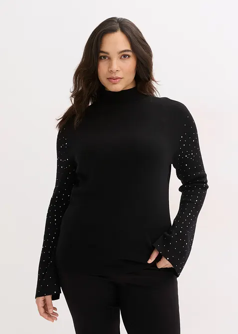 Feinstrickpullover mit verzierten Trompetenärmeln in schwarz von vorne (im Anschnitt) - bonprix