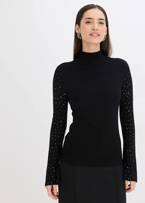 Feinstrickpullover mit verzierten Trompetenärmeln in schwarz von vorne (im Anschnitt) - bonprix