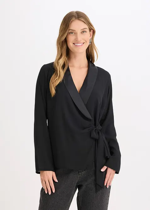 Wickelbluse mit seitlicher Schleife in schwarz von vorne (im Anschnitt) - bonprix