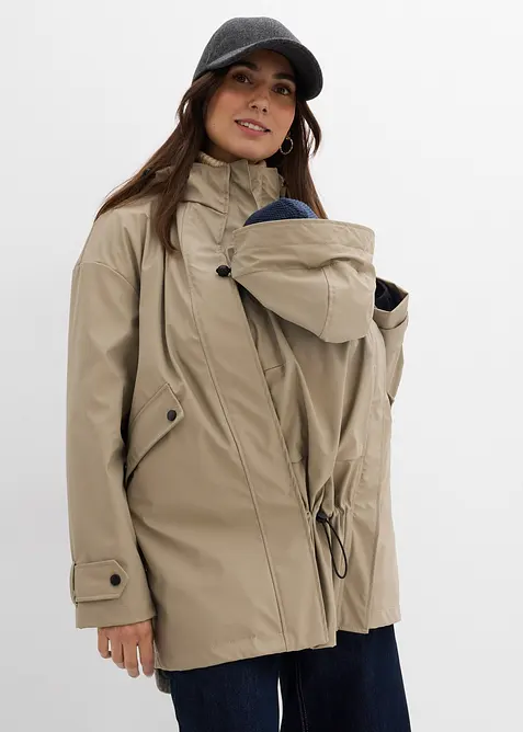 6-in-1 wasserabweisende Umstandsjacke mit Trageeinsatz und herausnehmbarer Fleecejacke in braun von vorne (im Anschnitt) - bonprix