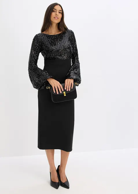 Midikleid mit Pailletten in schwarz im Look von vorne (Totalaufnahme) - bonprix