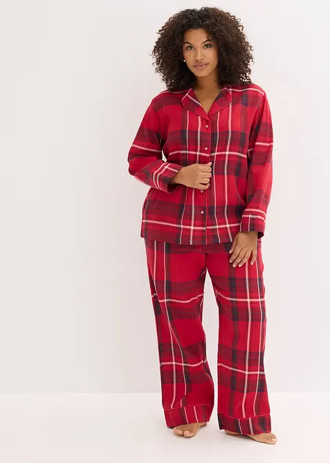Damen Flanell Pyjama aus weicher Baumwolle mit Geschenktasche in rot von vorne (Totalaufnahme) - bonprix