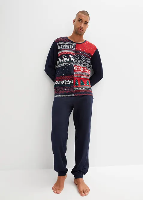 Pyjama aus reiner Baumwolle mit langen Ärmeln in blau von vorne (Totalaufnahme) - bonprix