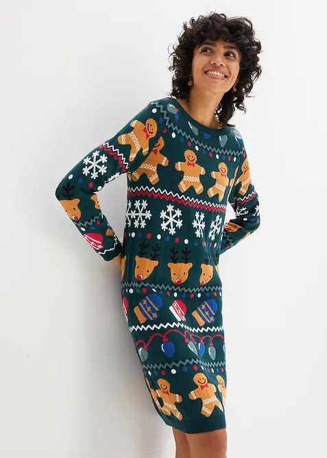 Weihnachts-Strickkleid in grün von vorne (Totalaufnahme) - bonprix