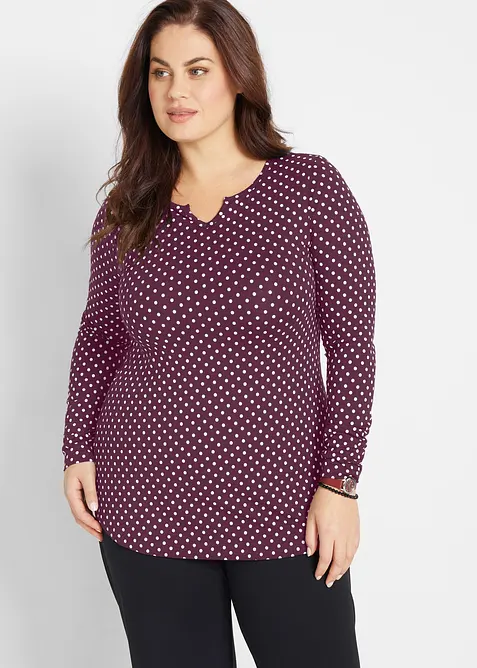 Gepunktetes Baumwoll-Langarmshirt mit Seitenschlitzen in lila von vorne (im Anschnitt) - bonprix