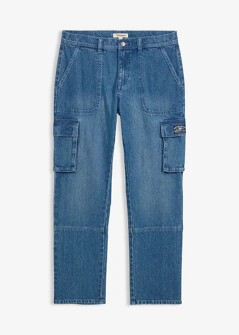 Relaxed-Fit Cargo-Jeans, Straight in blau von vorne - bonprix