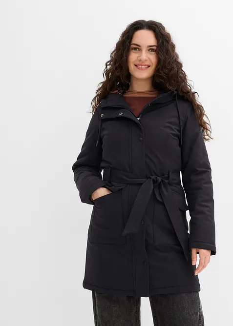 Wasserabweisender Outdoor-Kurzmantel mit Gürtel, Leo-Futter in schwarz von vorne (Totalaufnahme) - bonprix