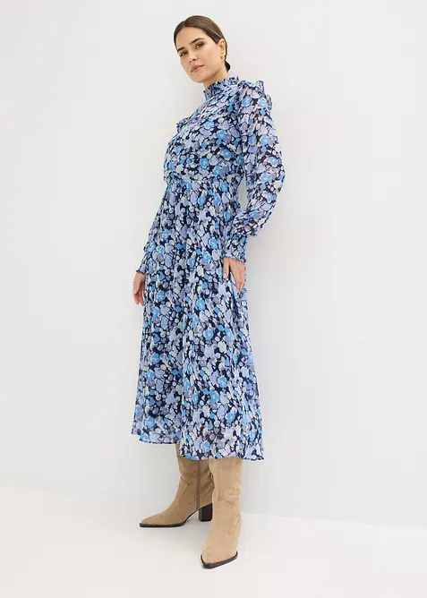 Chiffonkleid mit Stehkragen in blau im Look von vorne (Totalaufnahme) - bonprix