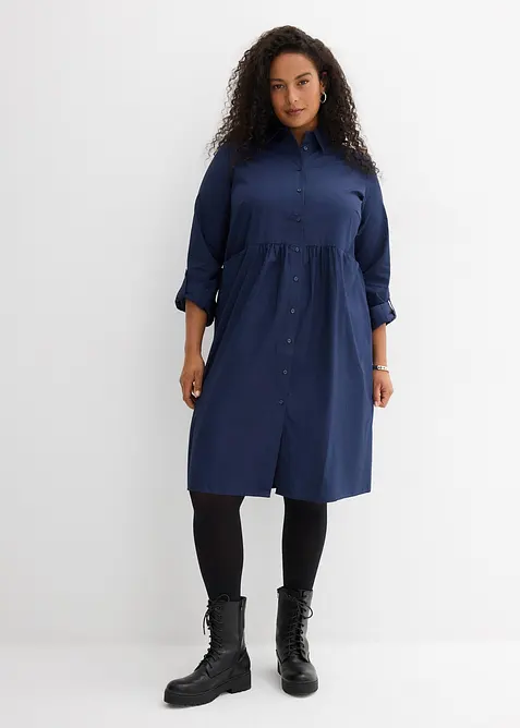 Hemdblusenkleid aus reiner Baumwolle in blau von vorne (Totalaufnahme) - bonprix