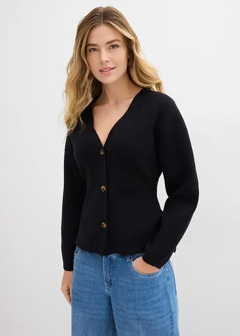 Strickjacke aus Baumwoll-Mix in schwarz von vorne (im Anschnitt) - bonprix