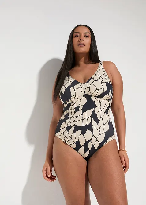Medium Shape-Badeanzug mit V-Ausschnitt in schwarz von vorne (Totalaufnahme) - bonprix