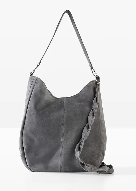 Veloursledertasche mit dekorativem Zusatzriemen in grau von vorne - bonprix