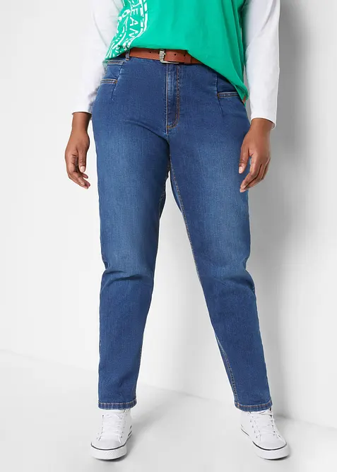 Mom Jeans High Waist, Stretch in blau von vorne - bonprix