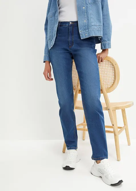 Mom Jeans High Waist, Stretch in blau von vorne - bonprix