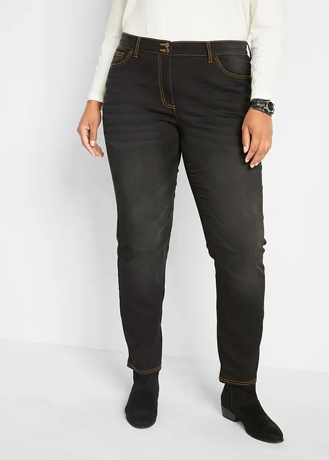 Wärmende Straight-Jeans, Mid Waist in schwarz von vorne - bonprix