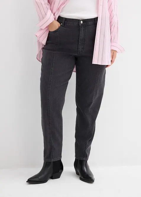 Mom-Jeans High Waist, Stretch in grau von vorne - bonprix