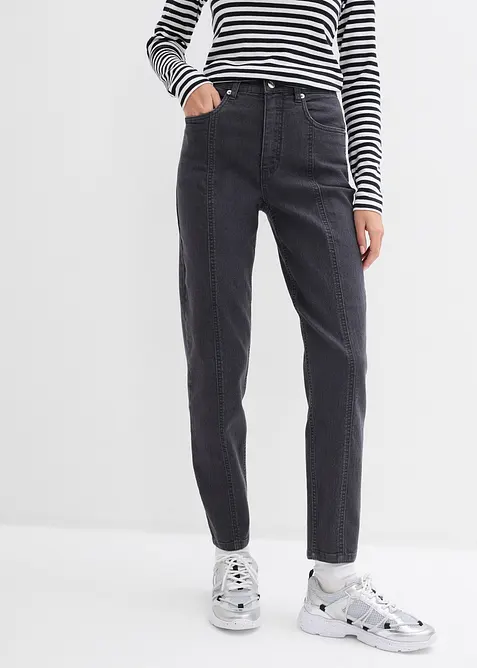 Mom-Jeans High Waist, Stretch in grau von vorne - bonprix