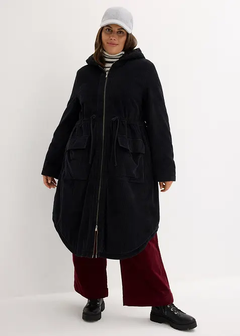 Cord-Mantel mit Teddy-Fleece-Kapuze aus reiner Baumwolle in schwarz von vorne (Totalaufnahme) - bonprix