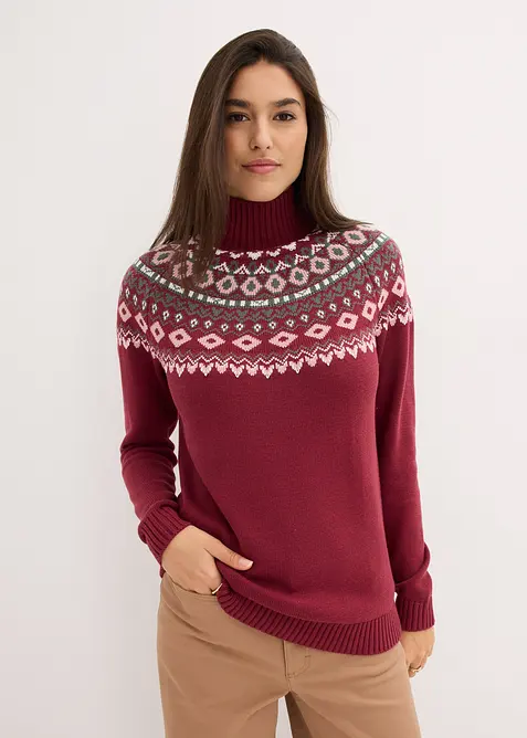 Norweger-Rollkragenpullover aus Baumwoll-Mix in rot von vorne (im Anschnitt) - bonprix