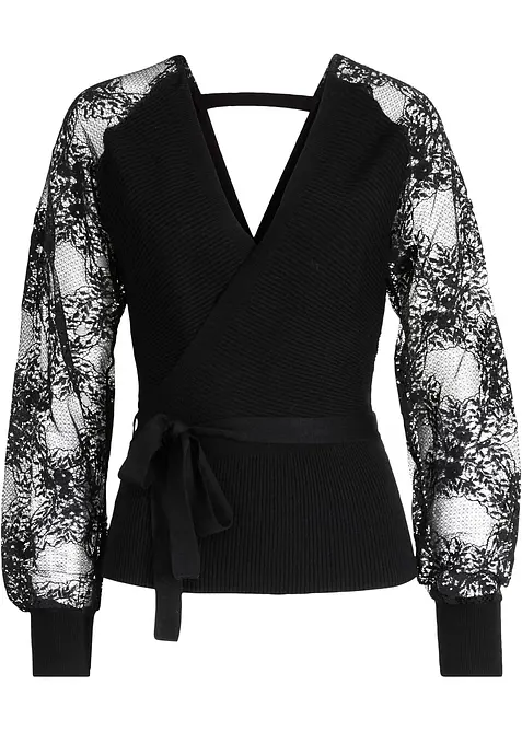 Feinstrickpullover mit Spitze in schwarz von vorne - bonprix