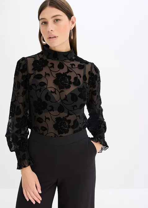 transparentes Langarmshirt mit Flockprint in schwarz von vorne (im Anschnitt) - bonprix