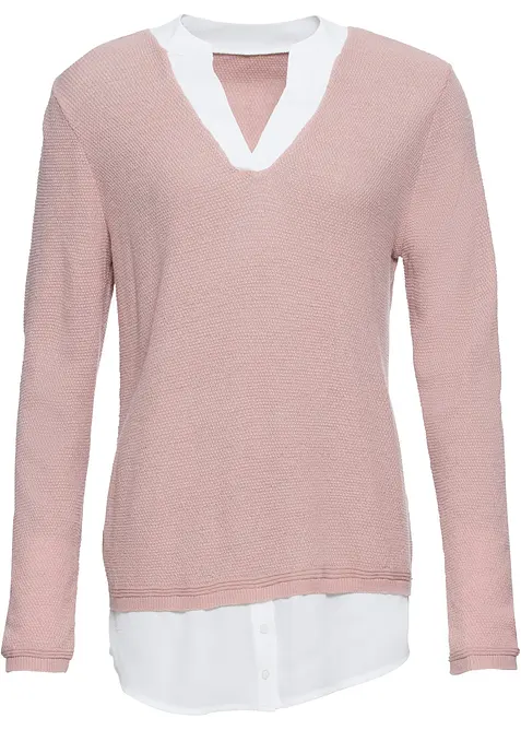 Feinstrickpullover mit Bluseneinsatz in rosa von vorne - bonprix