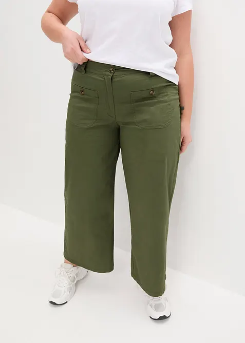 Wide-Leg-Hose mit Bequembund aus Baumwoll-Mix in grün von vorne - bonprix