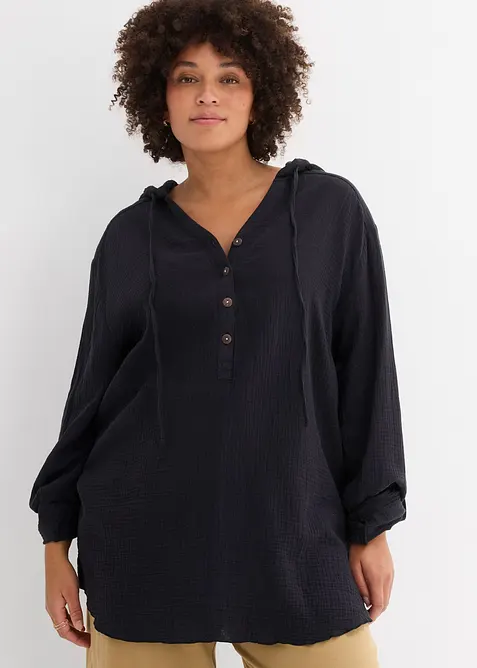Musselin-Schlupfbluse aus reiner Baumwolle in schwarz von vorne (im Anschnitt) - bonprix